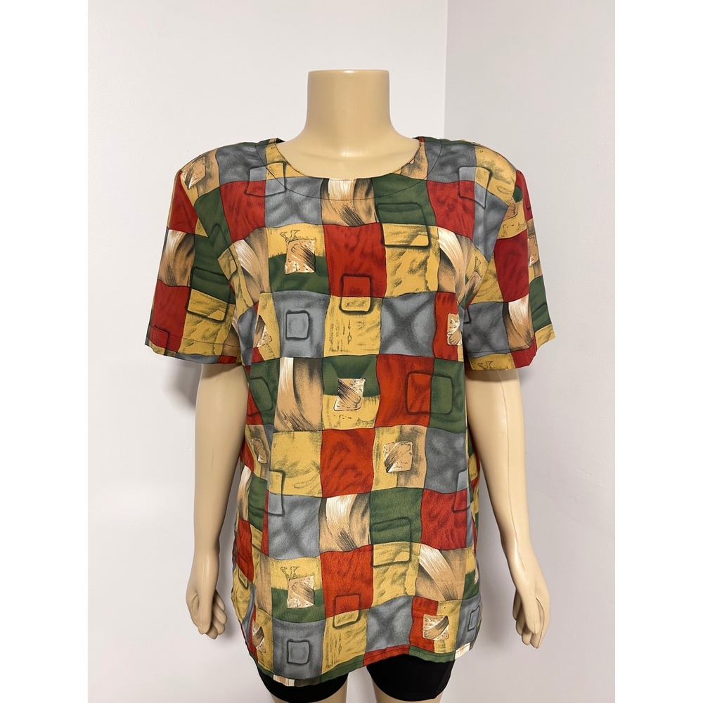 K.C. Studio Vintage 90s Geometric Patchwork Short Sleeve Blouse Red‎ Green Large